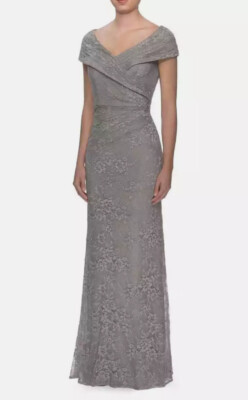 New La Femme 27982 Portrait Neck Lace Gown In Platinum Size 20 $438
