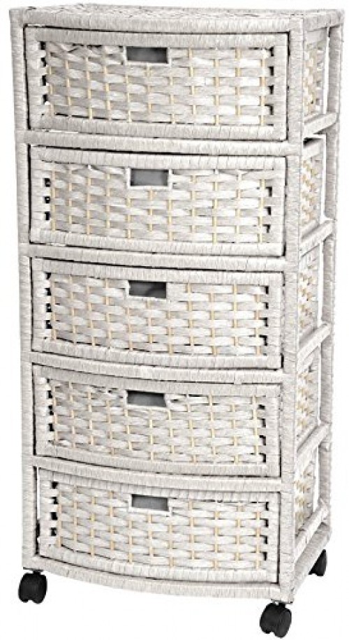 White Rattan Chest Of Drawers 5 Drawer Rolling Wheels Natural