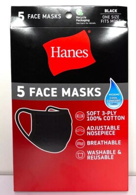 5 Pack Hanes Face Masks - Black Cotton Reusable Cover Face mask Cloth Facemask