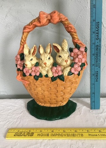 Cast Iron Door Stop Easter Basket Rabbits Flowers Hand Painted Spring Decor