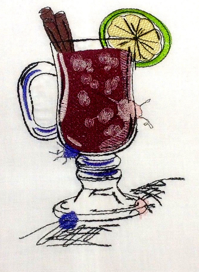 Linen Hand Towel W/ Embroidered Mulled Wine Glass FREE SHIPPING