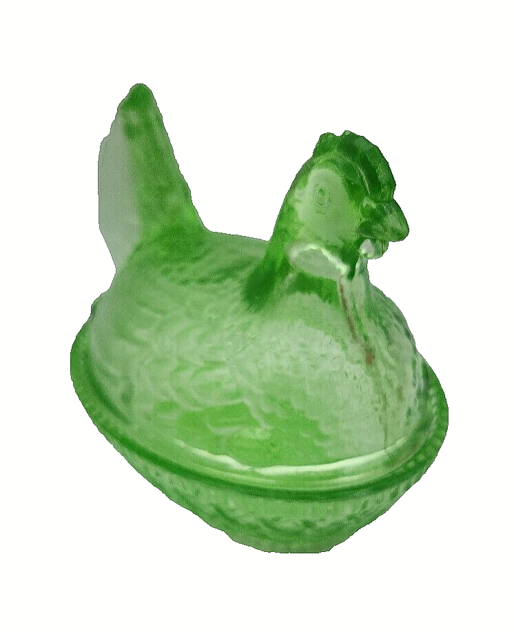 Wilkerson Art Deco Trinket Key Lime Hen Chicken Glow Glass On Basket 3.25" Wide
