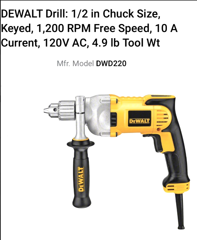 DEWALT Drill 1 2 in Chuck Size Keyed 1 200 RPM Free Speed 10 A Current 120V