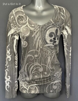 New VOCAL Womens CRYSTAL SUBLIMATION GRAY FLEUR DE LIS LONG SLV SHIRT S M L XL