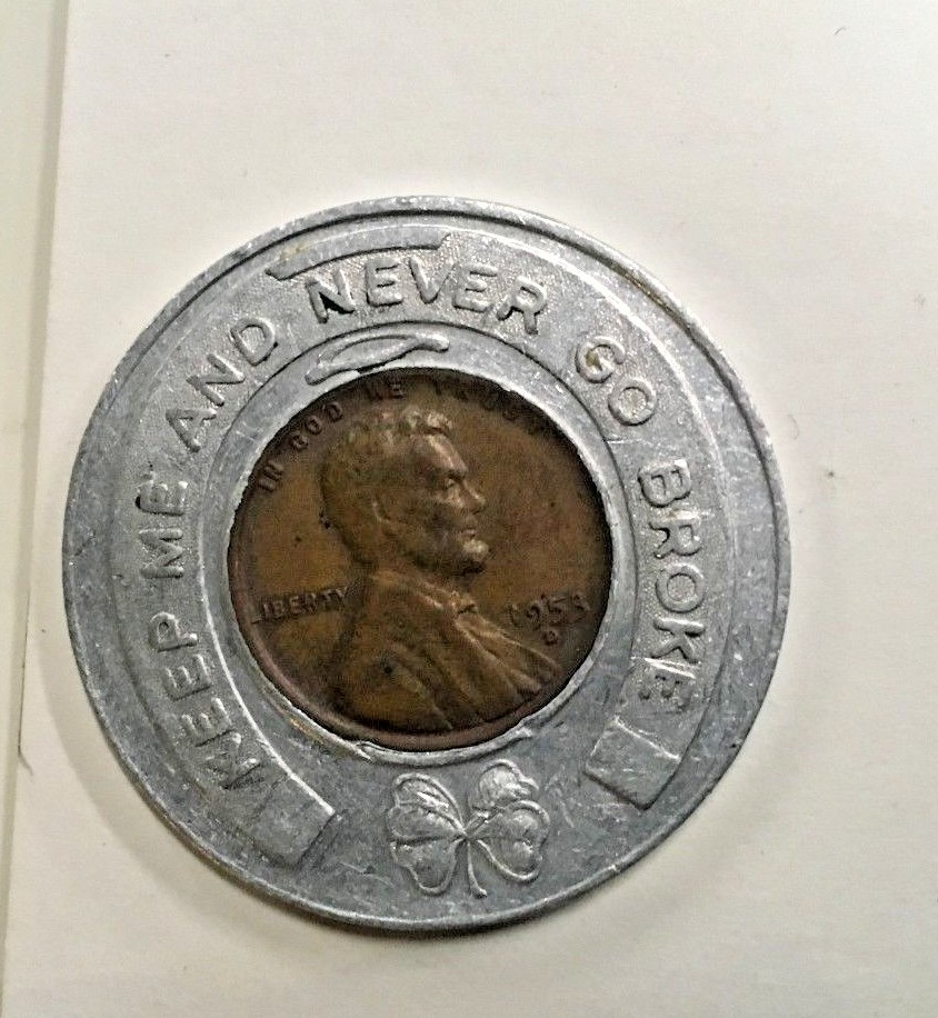 Vintage 1953 D Lucky Cased Penny Never Go Broke Advertising Rexall Drug Store