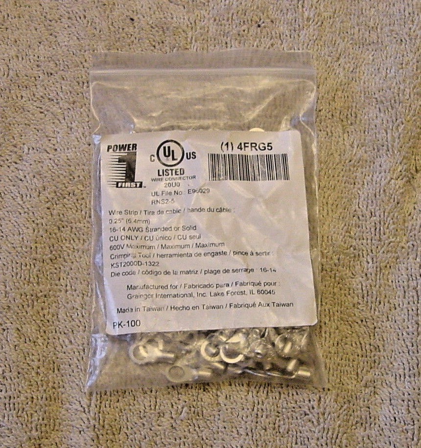 Power First 4FRG5 16-14 AWG Non-Insulated Ring Terminal  Pkg of 100,  3/16