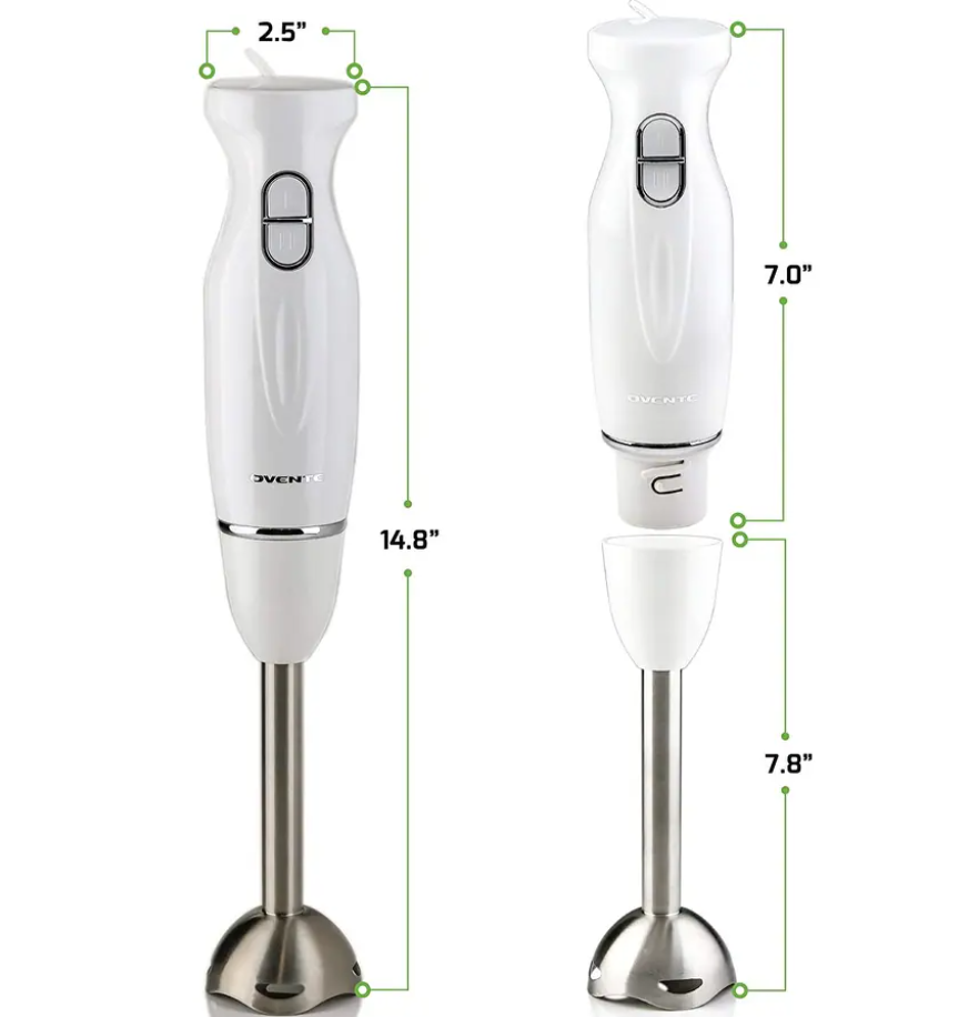 Electric Immersion Hand Blender Stainless Steel Blades 300W Ovente HS560W, White