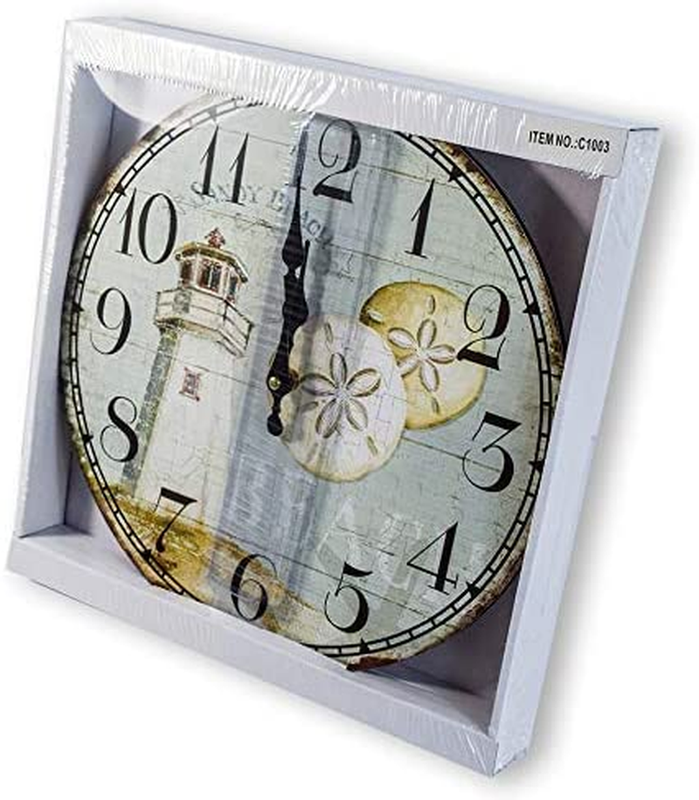 Wall Clock 13" Lighthouse Wood - Beach Theme, Rustic Nautical Decor