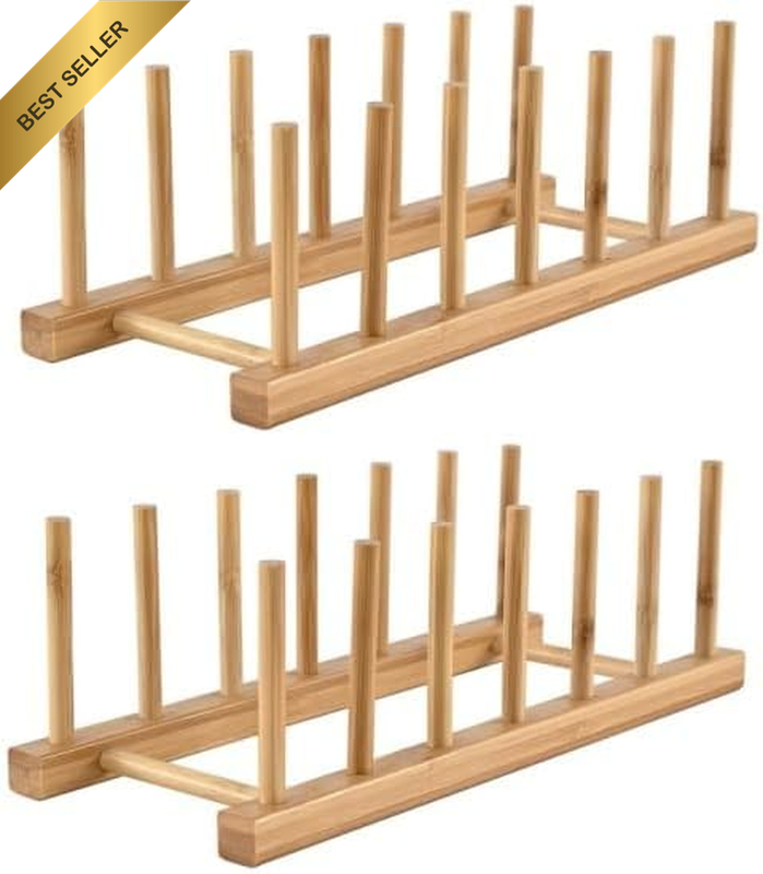 Bamboo Wooden Dish Rack, Vertical Plate & Lid Organizer for Kitchen Cabinet or C