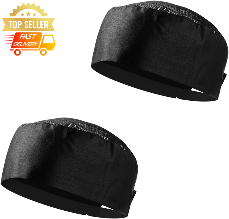 Unisex Chef Hats 2PC Set Black Adjustable Mesh Cooking Caps Kitchen Wear