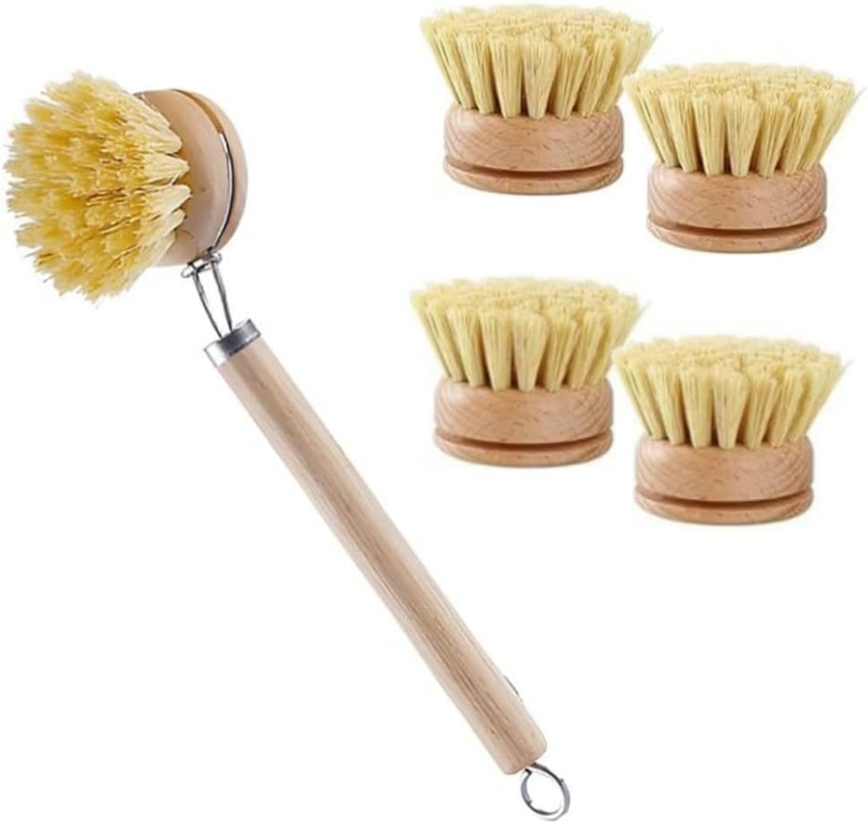 1PCS Bamboo Brush Handle and 5PCS Replacement Heads, Natural Sisal Pot Brush, Ki