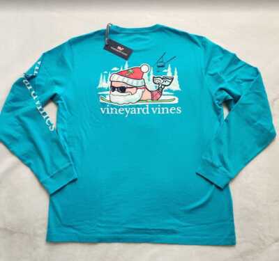 New M L XL Vineyard Vines Santa ski whale long sleeve pocket tee Christmas