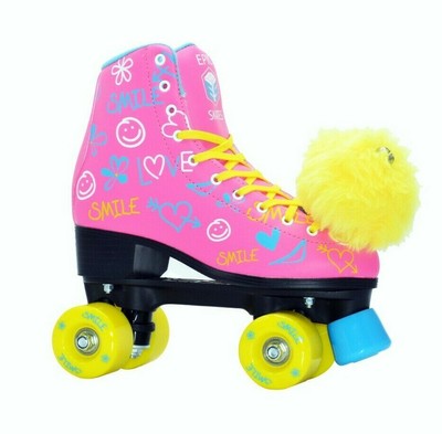 Epic Blush High-Top Quad Roller Skates w/ 2 pr of Laces & Yellow PomPoms