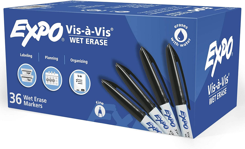 Vis-A-Vis Wet Erase Markers, Fine Point, Black, 36 Count