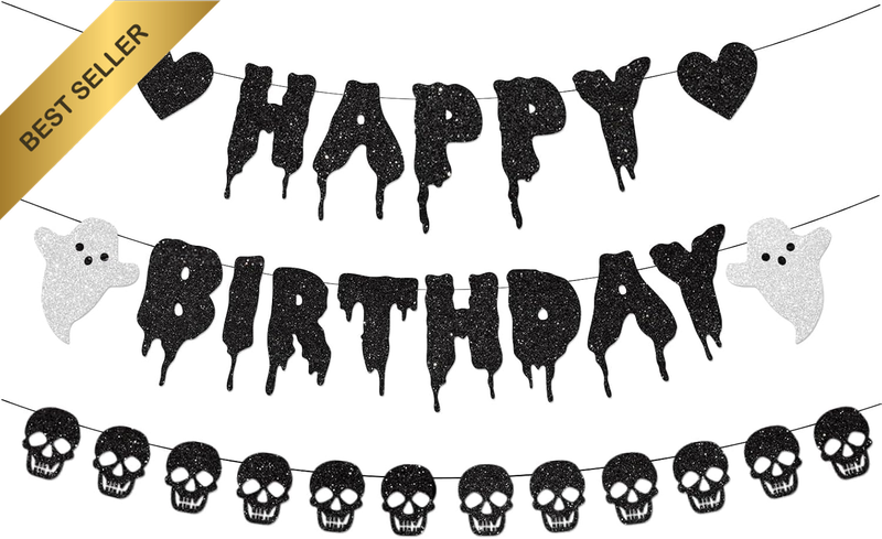 Black Glitter Halloween Birthday Banner with Heart Skull Garland