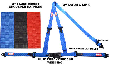 2'' LATCH & LINK Y FLOOR MOUNT HARNESS. 3 POINT BUGGY BELT BLUE CHECKERBOARD