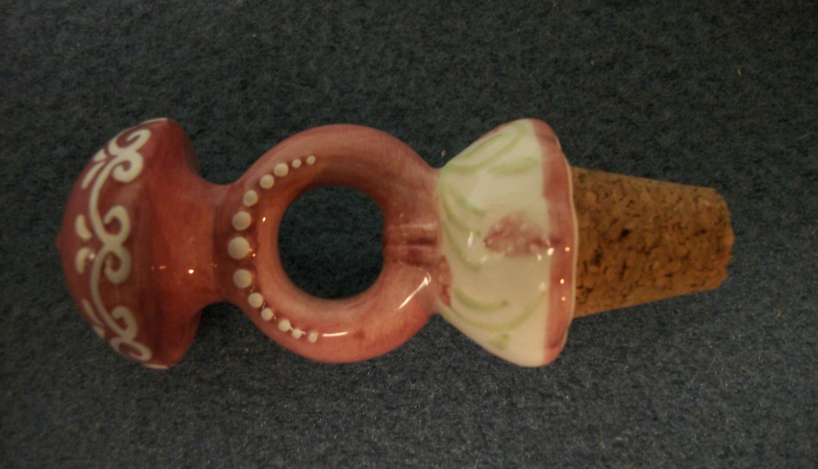 VINTAGE PORCELAIN CERAMIC BOTTLE STOPPER w/cork DUSTY ROSE FLORAL MOTIF  MINT!!