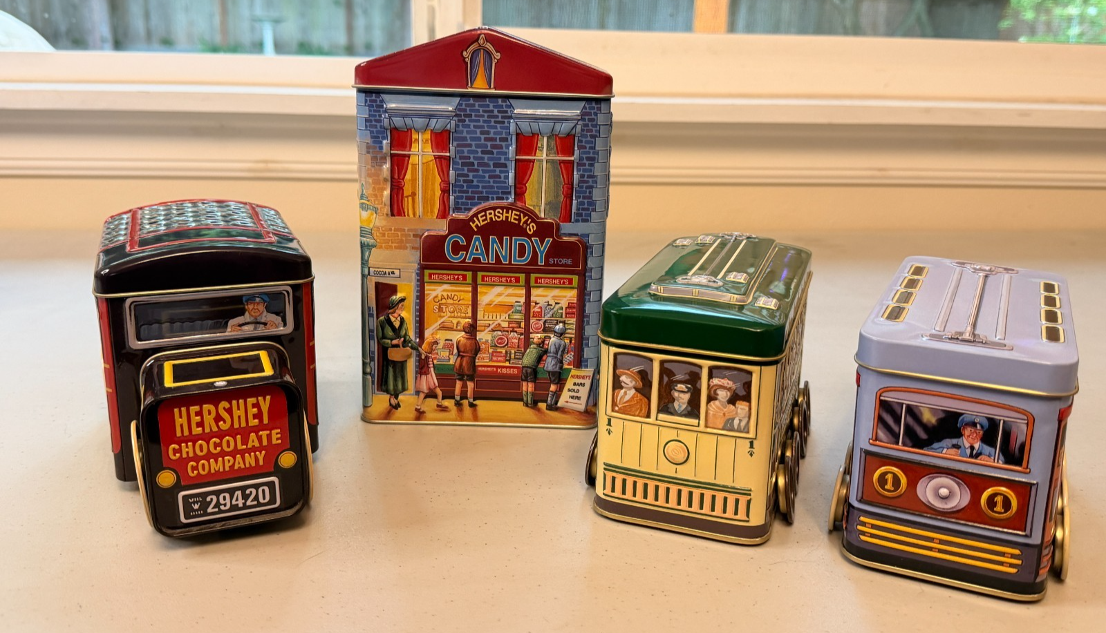 Hershey’s Collectible Tin Lot Candy Store Milk Truck Trolley Canisters Vintage