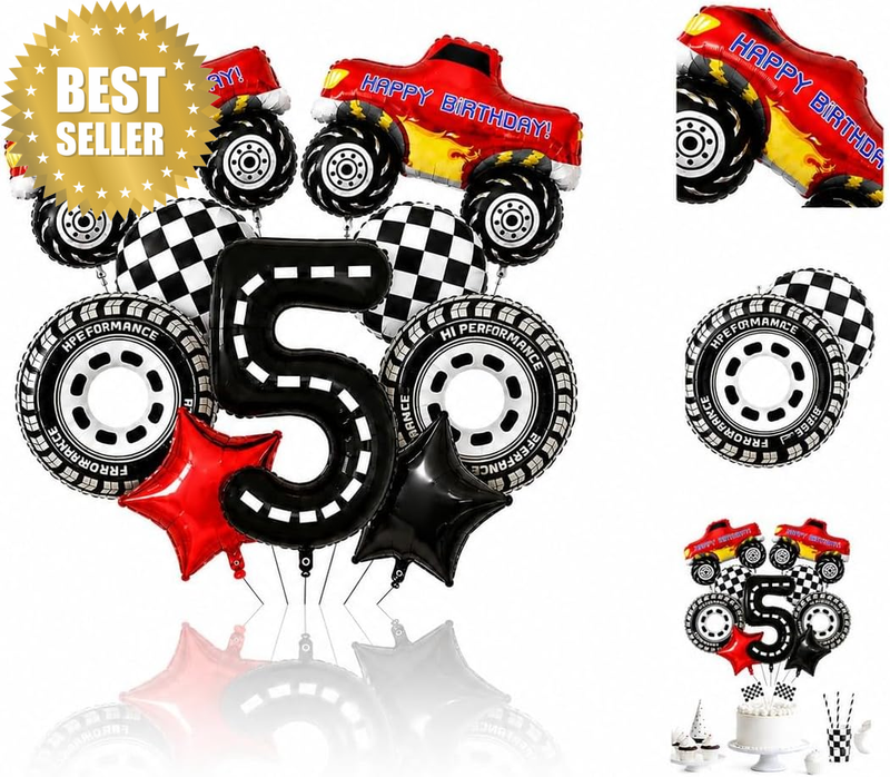 Birthday Balloons, Number Balloons 5, Race Car Ballons, 11Pcs Foil Set