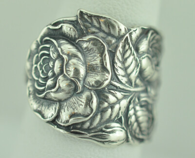 Solid 925 Sterling Silver Rose Flower Floral Adjustable Spoon Ring