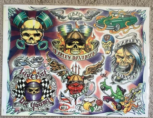 Tattoo Studio Shop Flash Single Sheet Harley-Davidson Skulls