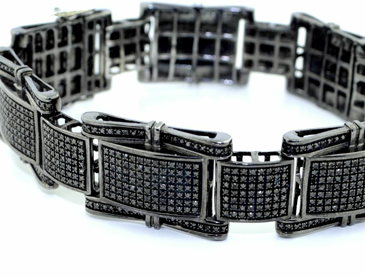 Pre-owned Online0369 3.8ct Black Simulated Diamon Mens Wide Link Bracelet Black Rhodium Plated Silver