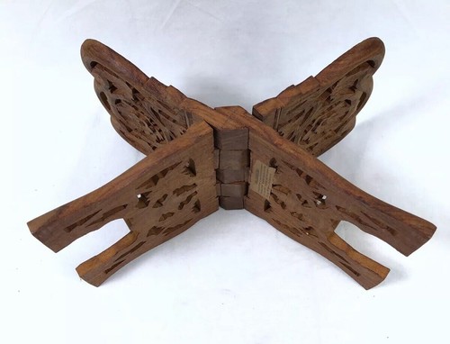 Ornate Carved Wood BOOK HOLDER Vtg Folding BIBLE Cookbook STAND INDIA Sheesham