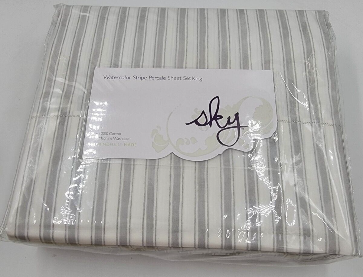 Sky Watercolor Stripe Percale Sheet King Set 78x80x15in/20x36in Reflection Blue - Picture 2 of 12
