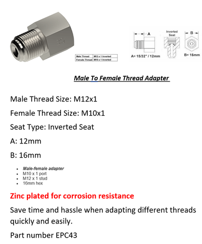 Brake Line Thread Adapter Inverted M12 x1 Male M10 x 1 Female
