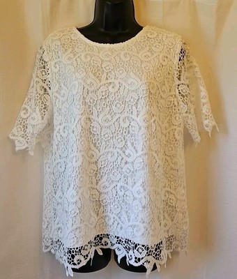 Philosophy Blouse Women's M White Battenberg Lace Short Sleeve Top $78 NWT E66