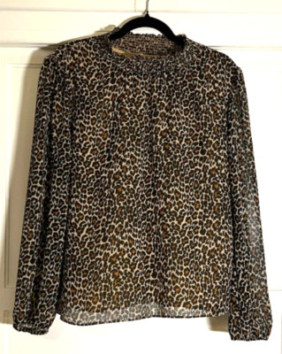 NWT! J.CREW FACTORY SMOCKED LEOPARD PRINT RUFFLE NECK BLOUSE SIZE M