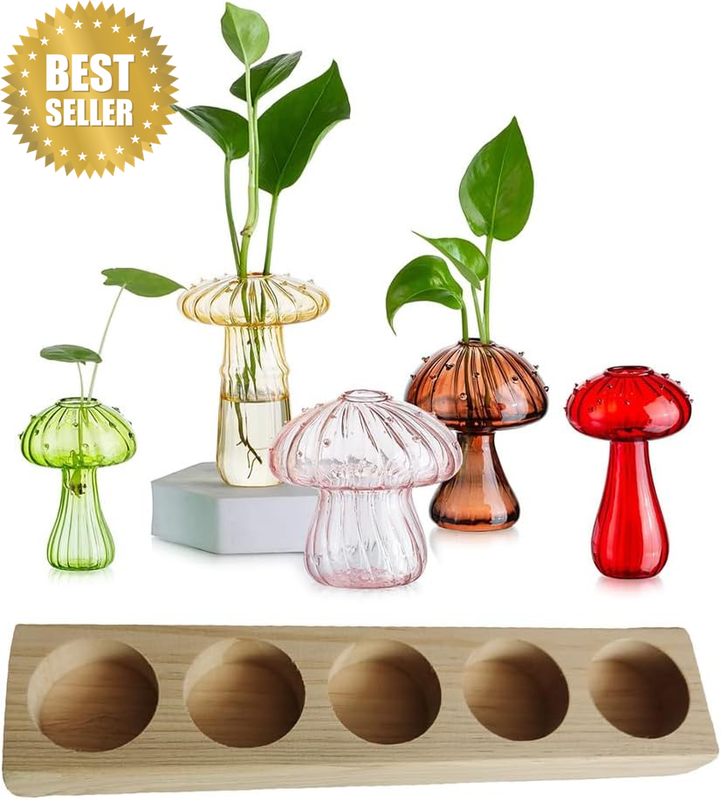 5Pcs Mushroom Plant Propagation Station, Plant Terrarium Vases with Wood Stand,