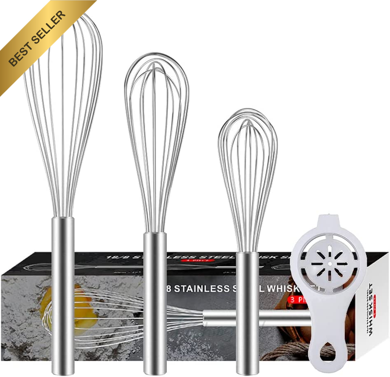 3 Pack Stainless Steel Whisks 8"+10"+12", Thicken Wire Egg Beater Whisk Set Kitc