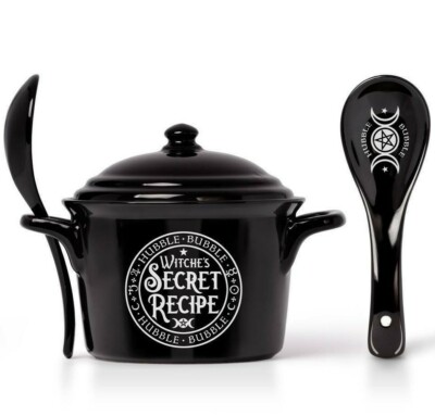 Alchemy Gothic Witches Secret Recipe Bowl Lid Spoon Black China MW DW Safe MRB6