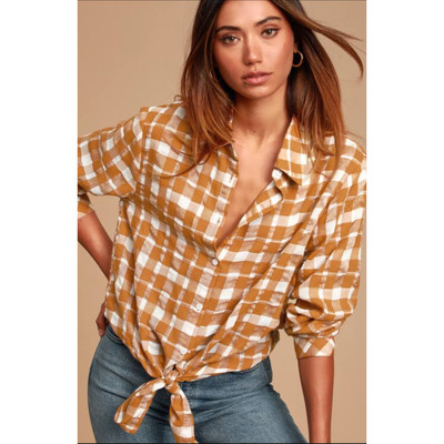 Lulus Ward Rust Brown Plaid Long Sleeve Button-Up Top,  Womens Small S NWT