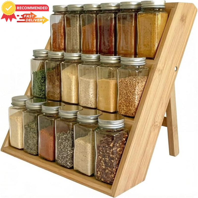 3-Tier Wooden Spice Rack Organizer, Kitchen & Bathroom Holder, Natural Wood