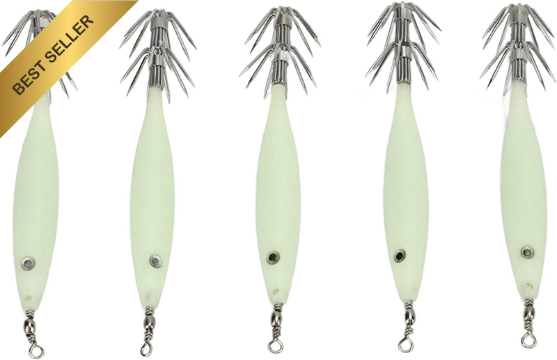 Luminous Squid Jigs, 5Pcs Glow in Dark Fishing Lures with High Carbon Steel Hook