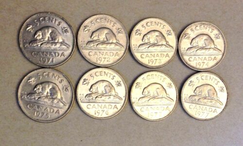 1971-1977 CANADA 5 CENT NICKEL WITH 1977 HIGH AND LOW 7 LOT 0F 8 COINS