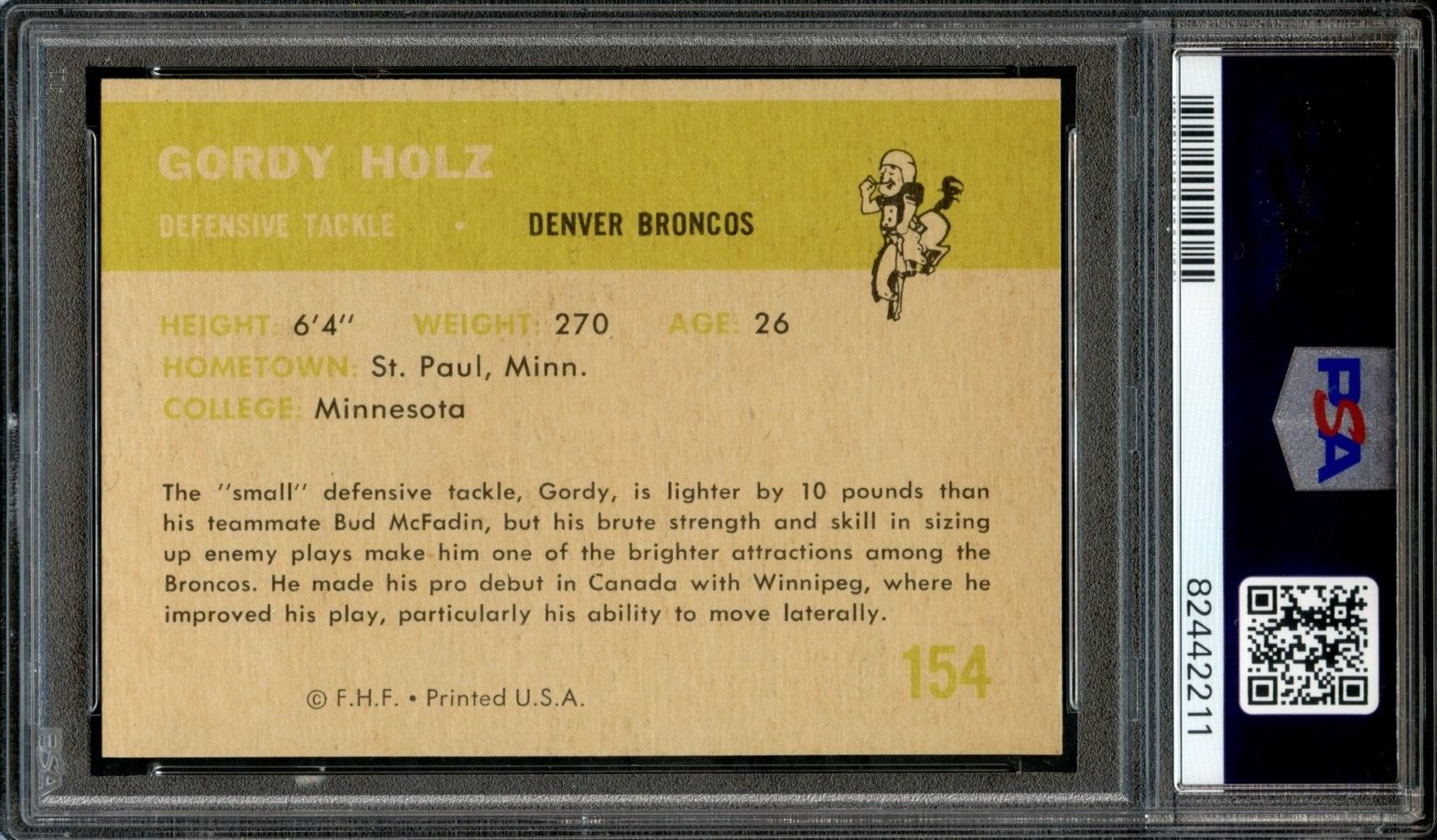 1961 Fleer #154 Gordy Holz PSA 9 Mint Pop 48 Denver Broncos 2211