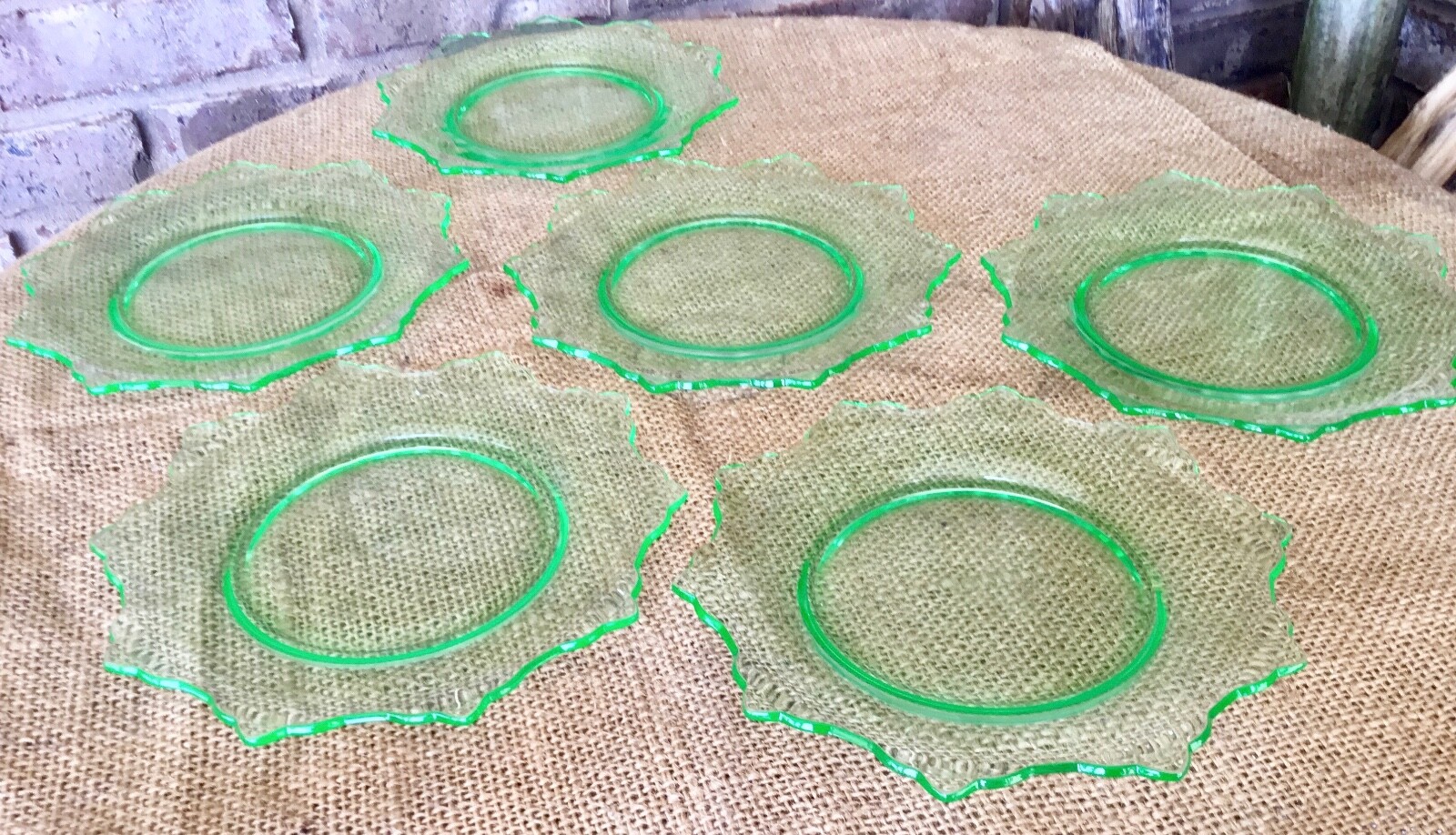 6 Vaseline URANIUM Plate Set Art Deco Tea Room Green GLASS  6”