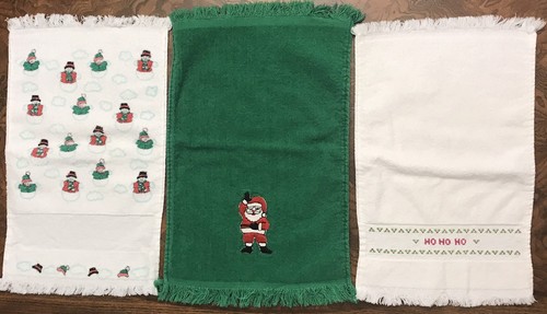 3 Vintage Christmas Finger Tip Towels Hand Towels Holiday Cotton Santa Snowman