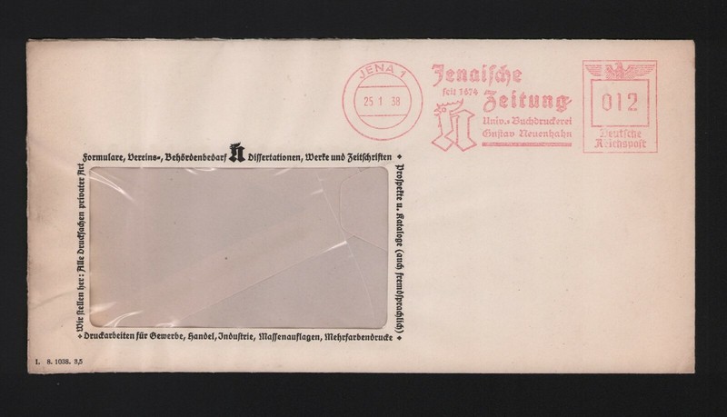 Jena, Briefumschlag 1938, Jenaische Zeitung Buchdruckerei Gustav Neuenhahn
