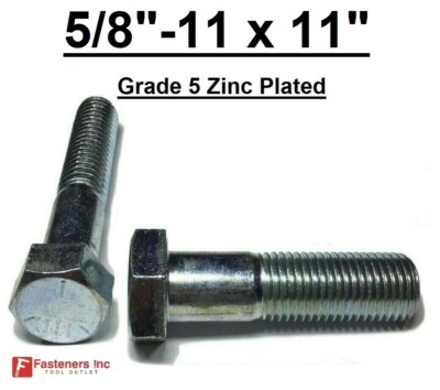 5/8-11 x 11'' Hex Bolt Zinc Plated Grade 5 Cap Screw Coarse Partial Thread