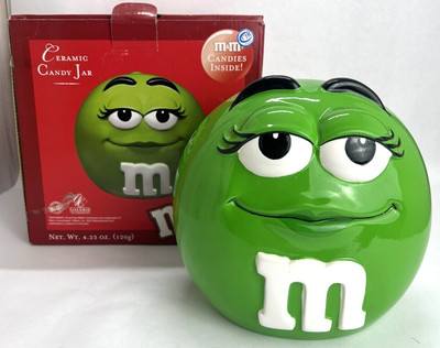 Vintage Galerie Green M&M Ceramic Cookie Jar Female With Box and Candy Mint Cond