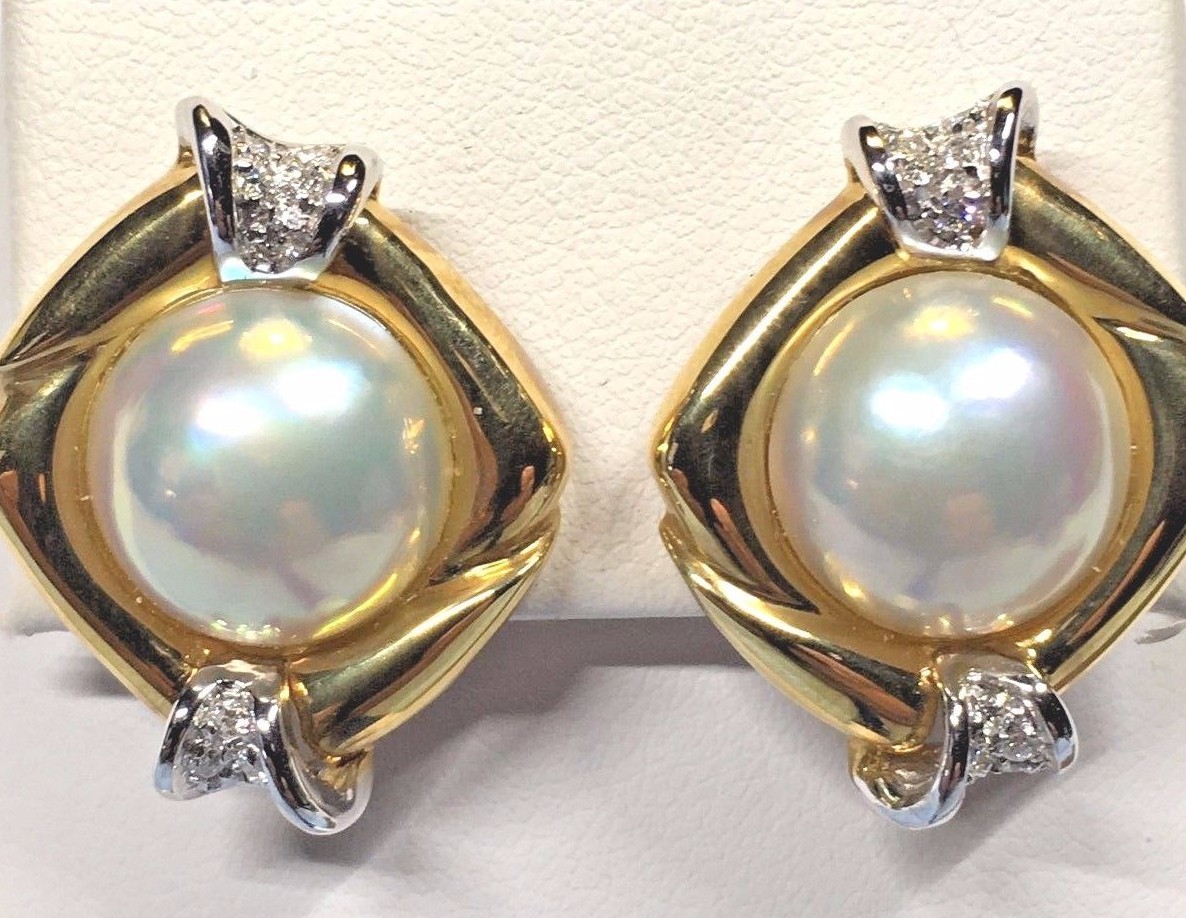MABE PEARL EARRINGS WITH DIAMONDS SET IN 18KT YELLOW GOLD RETAIL $ 1995.00