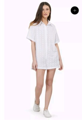 America and Beyond Bright White Cotton Romper Short Jumpsuit, Size Large