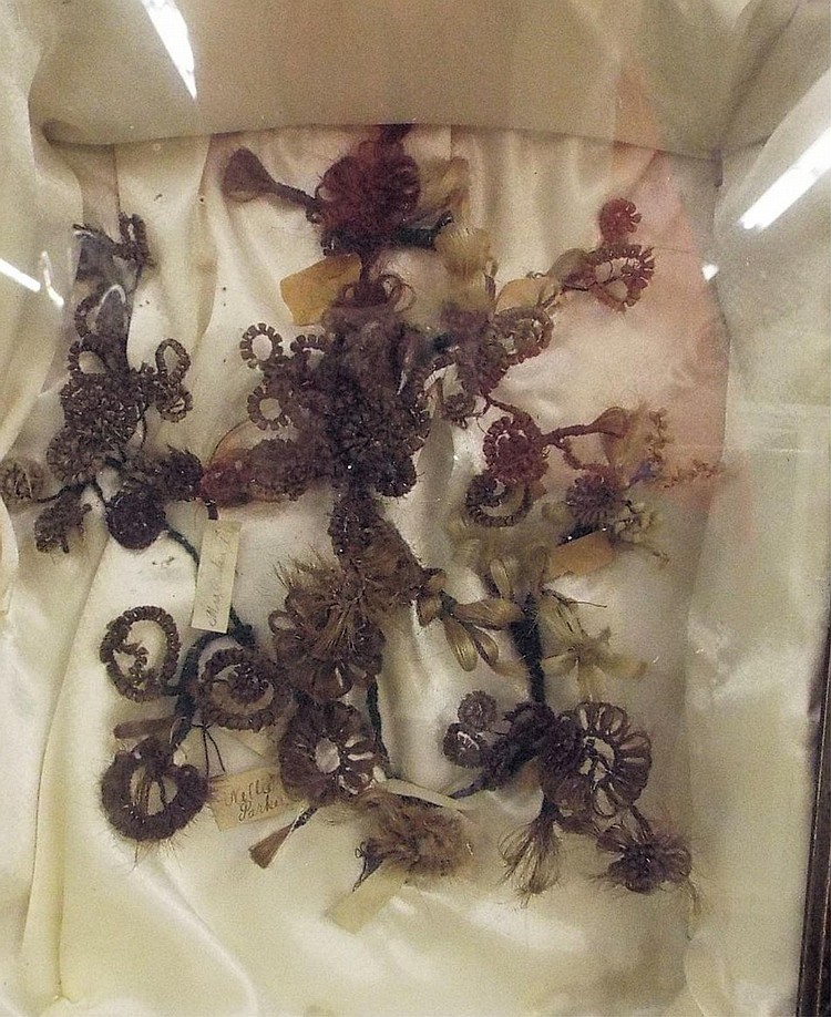 Antique Victorian Mourning Art.  Shadowbox with Hair Wreaths.