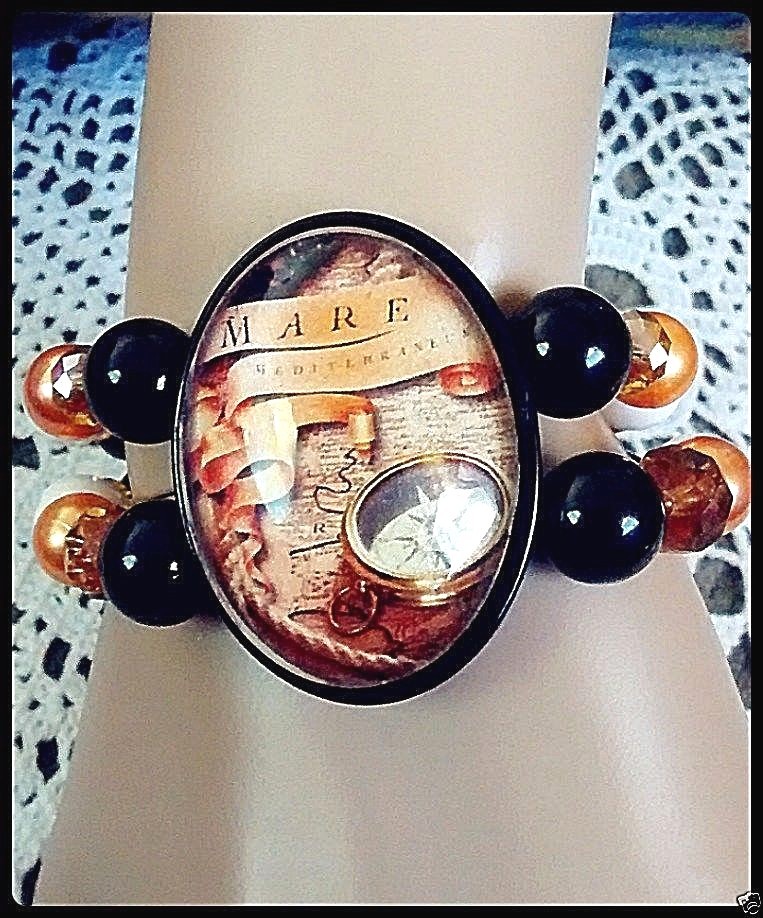 Chunky beaded steampunk stretch cuff bracelet Out to Sea compass & map art