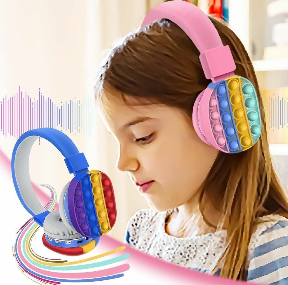 Cuffie Pop It Per Bambini Wireless Radio Bluetooth Arcobaleno Pieghevole Sd Usb