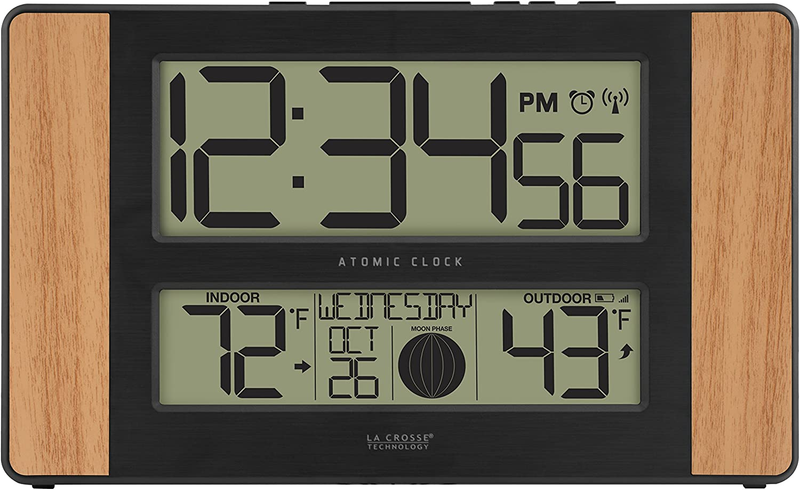 Atomic Digital Clock Outdoor Temperature Wood Oak Self Time And Date NEW